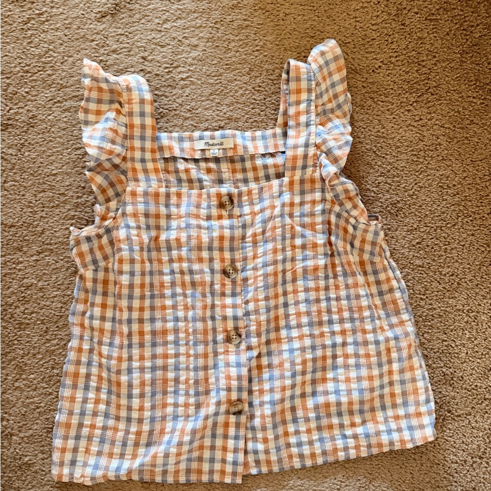 Madewell Plaid Button-Front Tank in Blue, Tan & Cream
